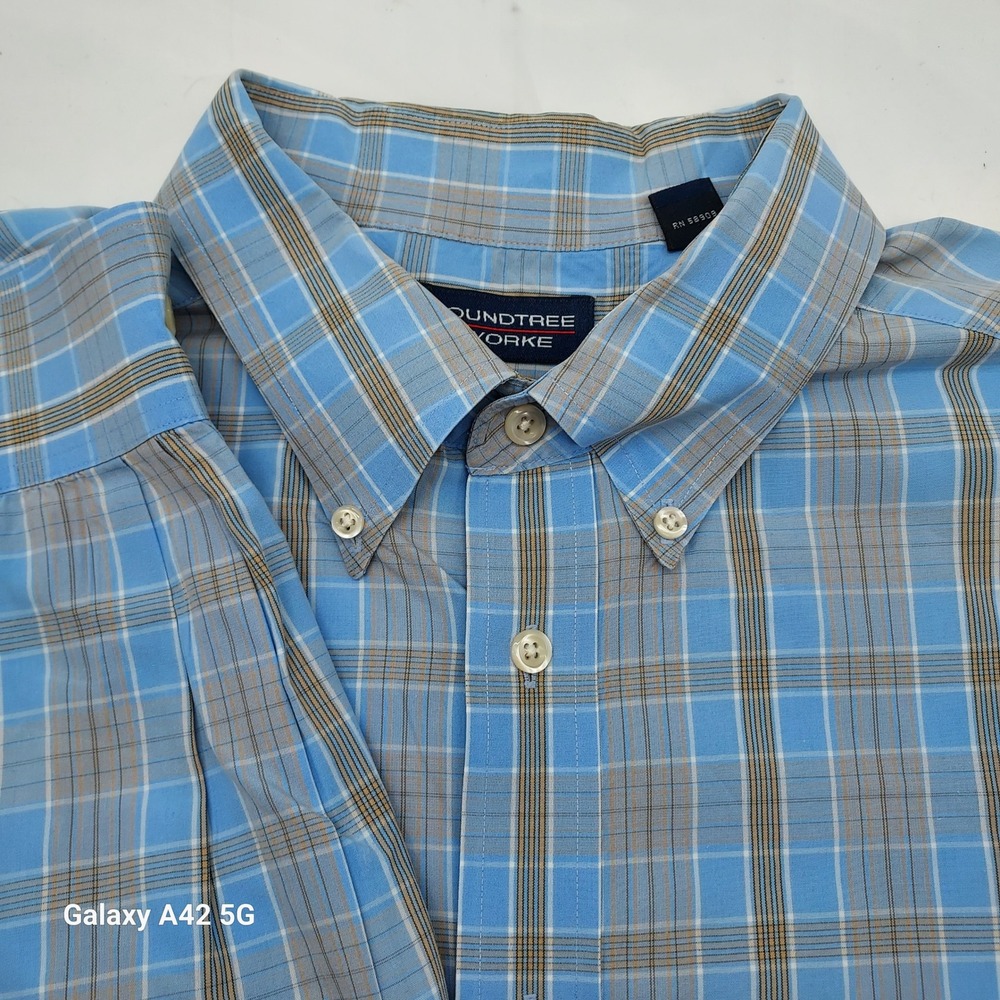 Roundtree & Yorke Mens‎ 3XLT Blue Plaid Button Down Shirt 80s Two Ply Cotton